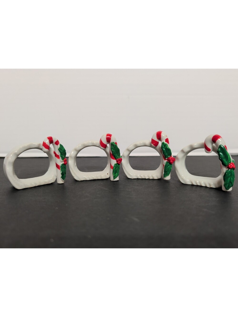Vtg Christmas Candy Cane Napkin Rings Ceramic Porcelain Holly Berries Set of 4